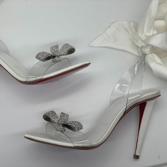 Christian Louboutin ASTRINODO Crystal Bow Silk Tie PVC Heels Sandals Shoes - Picture 12 of 16